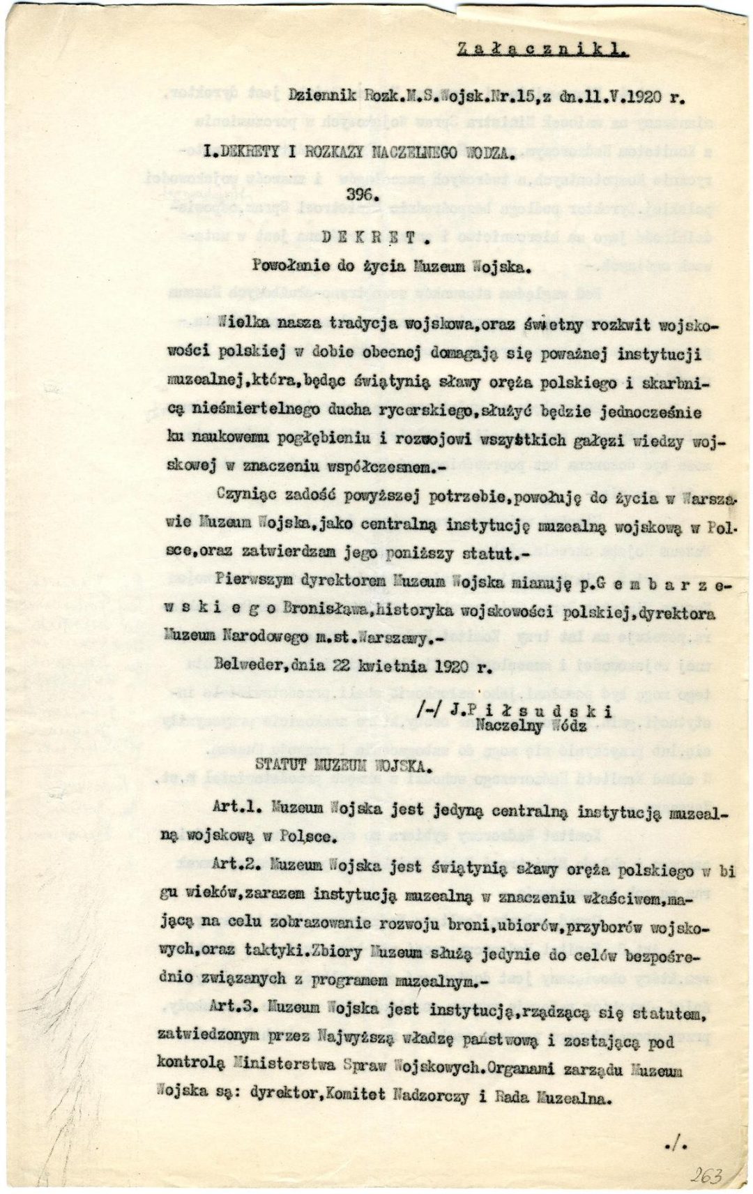 Jedna ze stron Dziennika Rozkazów Ministerstwa Spraw Wojskowych zawierająca treść dekretu.